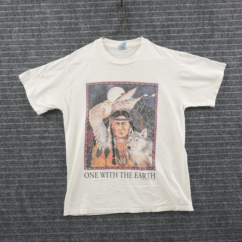 Vintage 90s Human-i-Tees One With The Earth T-shirt M White Native American 1992